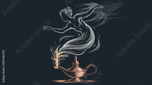Ethereal smoke ghost emerging from ornate oil lamp – Perfect for folklore storytelling, magic-themed ads, or spiritual concepts.