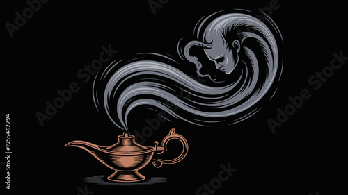 Deep charcoal smoke spirit with bronze oil lamp – Suitable for ancient myth visuals, magical energy themes, or dark fantasy art.