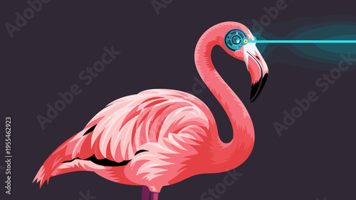 Neon pink flamingo with robotic laser eye – Ideal for cyberpunk art, vaporwave music posters, or futuristic tropical themes.