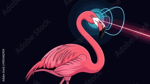 Electronic pink flamingo with cybernetic eye – Great for modern apparel prints, tropical party visuals, or sci-fi illustrations.