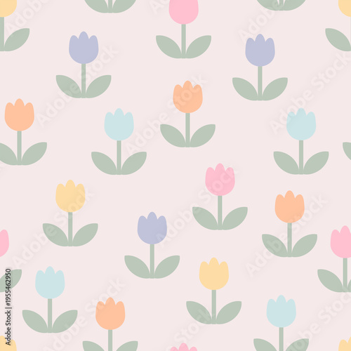 Tulip vector pattern, seamless repeating background, flat illustration. Pastel flower pattern with icons, floral wallpaper design for cards, fabric, wrapping, textiles, wallpaper, and stationery.
