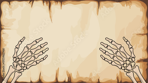 Aged parchment with coffee stained skeleton hands – Ideal for gothic wedding invites, mystery novel art, or vintage menus.