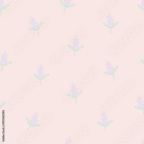 Lavender and leave seamless pattern for the spring or summer season. Purple flowers botanical with heart for fabric, scrapbooking, stationery, cards, wrapping, textiles and wallpaper.