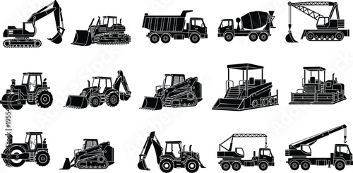 Set of black silhouettes featuring heavy construction machinery icons including excavator, bulldozer, dump truck, cement mixer, road roller, and crane for industrial design.