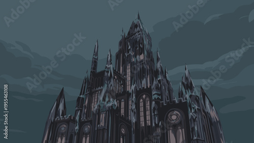 Obsidian glass fortress with sharp spires – Perfect for villain lair concepts, crystalline structure art, or dark RPGs.