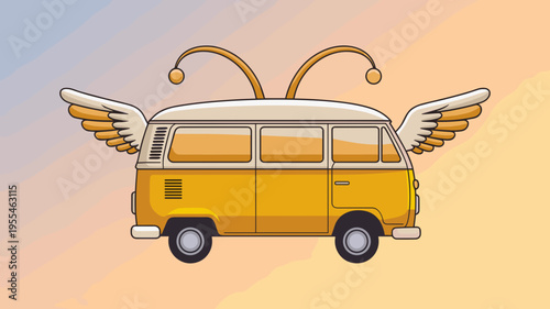 Flying mustard van with feathered wings – Suitable for dreamlike travel concepts, retro vector art, or playful posters.