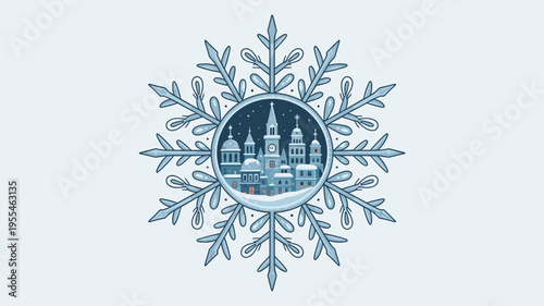 Blue snowflake with microscopic frozen cityscape – Great for winter science themes, seasonal decor, or magical art.