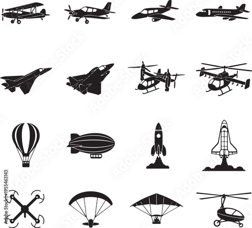Collection of various aircraft silhouettes including airplanes, helicopters, rockets, and blimps for aviation design