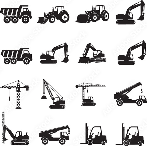 Construction machinery icons set featuring excavators dump trucks tractors cranes and forklifts for industrial design project