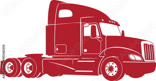 Red silhouette of semi truck tractor without trailer on transparent background for logistics and freight transportation graphics