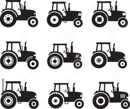 Set of nine identical tractor silhouettes, agricultural machinery for farming and cultivation work