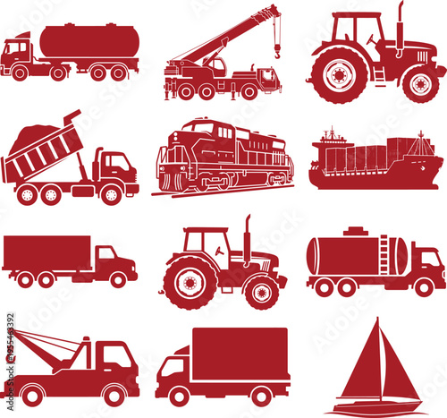 Red transportation set different vehicles car bus train steamroller excavator forklift truck sailboat cargo ship van bulldozer