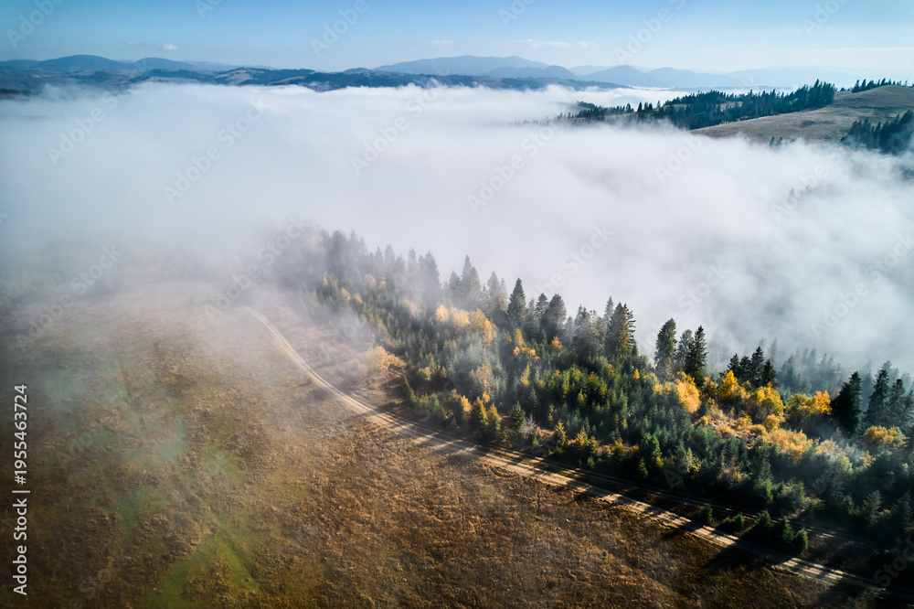 Fototapeta premium Stunning landscape with dense forests and rolling hills partially shrouded in soft, ethereal fog. Vibrant autumn colors of trees contrast beautifully with clear blue sky and distant mountain peaks.