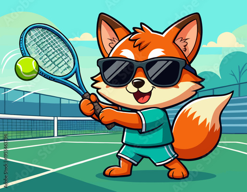 A cartoon fox character wearing sunglasses plays tennis on a court outdoors.