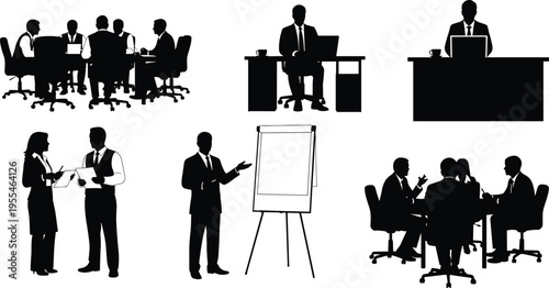 Business people silhouettes set with professional office workers in meetings, corporate leadership presentation, executive team collaboration, manager working at desk, and successful group networking