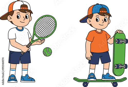 Cartoon boys illustration showing tennis and skateboarding activities, playful children in sports outfits with rackets, balls, skateboards, caps, sneakers, highlighting fun recreational 
