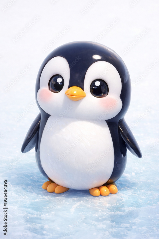 Fototapeta premium Lovely Chubby Baby Penguin Figurine with Large Glossy Eyes and Pronounced Rosy Blush on Frosty Ground.