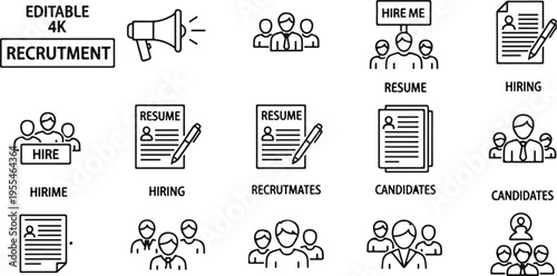 Flat design editable recruitment icons set with resume hiring process and candidate selection