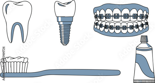 dental care illustration set with toothbrush, toothpaste, implant, and healthy teeth model
