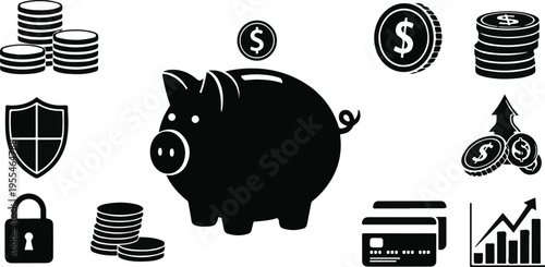 3d illustration of a black piggy bank surrounded by financial growth and security icons on white background
