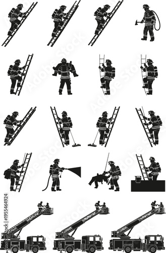 Firefighter silhouette illustration showing emergency rescue activities with ladders, hoses, axes, and fire trucks, dynamic black figures representing firefighting action, safety, teamwork, 
