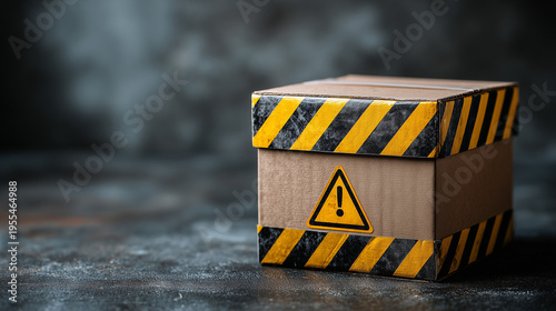 Sealed Cardboard Box with Warning Tape and Biohazard Sign for Secure Delivery and Logistics Safety Concept