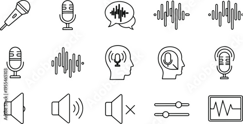 collection of flat design audio and sound icons set on white background for technology and communication