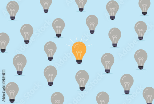 Vector illustration of multiple light bulbs with one glowing highlighted bulb representing innovation, creative ideas, uniqueness, and standing out from the crowd
