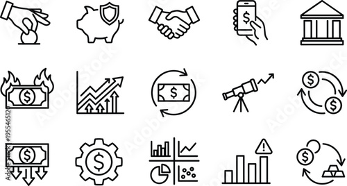 Business finance line icons set with investment banking money growth analytics partnership symbols outline vector illustration collection