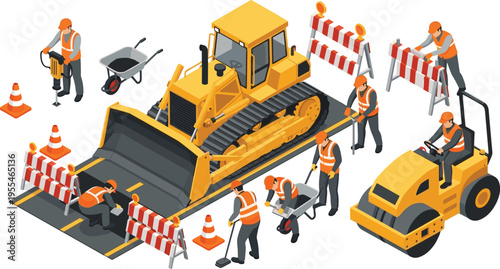 Isometric road construction vector illustration featuring workers repairing asphalt with heavy machinery, bulldozer, steamroller, jackhammer, and safety barriers on white background for industrial 