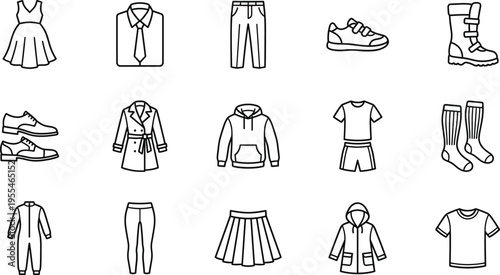 Clothing icons outline set, fashion apparel collection, casual formal wear, shoes dresses jackets, wardrobe essentials, minimalist vector illustration