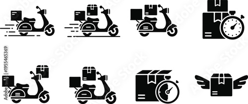 Set of black and white vector icons depicting various scooters and transportation symbols for urban mobility