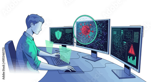 Cybersecurity expert analyzing digital threats on multiple computer screens.