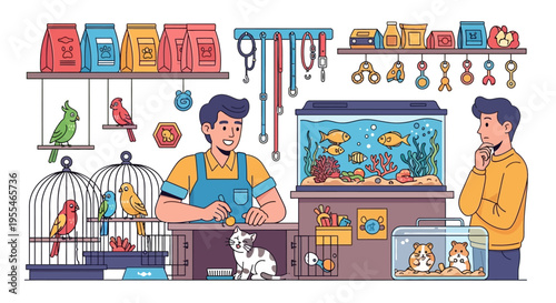 Pet store owner assisting customer with various animals.