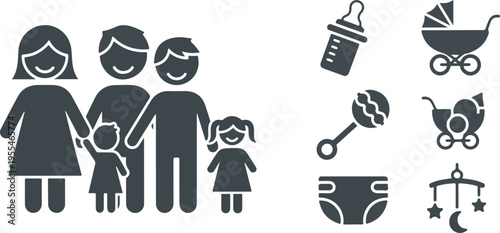 Flat design family icons set with parenting and baby care essentials vector illustration