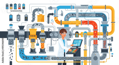 Scientist Operating Complex Industrial Pipeline System.