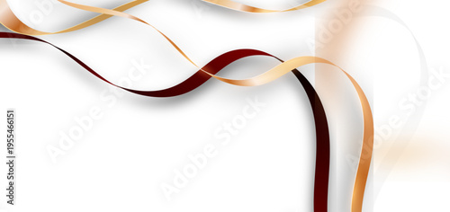白背景に金色と赤のリボン状ラインが交差するエレガントで上品な流線型抽象デザイン素材