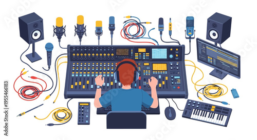 Sound engineer working at audio mixing console with equipment.