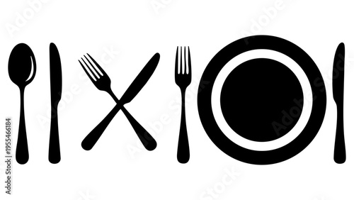 Black Cutlery Icons Including Fork Knife Spoon And Plate For Modern Layout