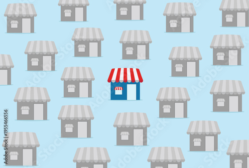 Vector illustration of multiple small shops with one glowing highlighted shop representing uniqueness, business success, and standing out from competitors
