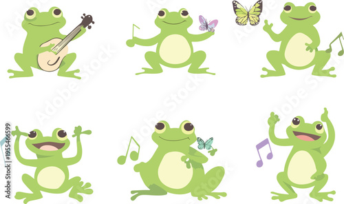 Funny cute cartoon frogs vector illustration set