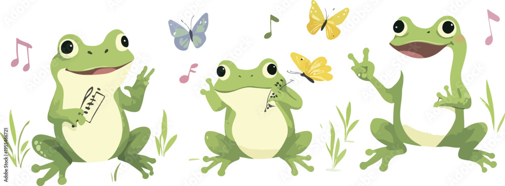 Obraz premium Green Cartoon Frog Vector Illustration Happy Cute Animal