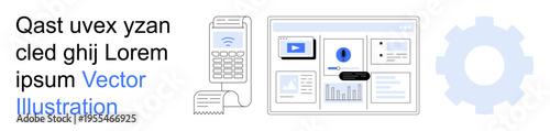 Digital transformation, communication, IT services, interface design, technology concept, and analytics. Shows a phone, digital dashboard and gear icon. Digital transformation and communication