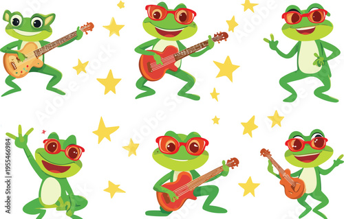 Funny cartoon frogs illustration with cute green amphibian characters isolated on white background