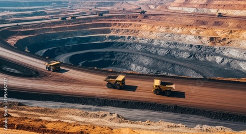 Large mining trucks driving on a dirt road within an open pit mine with layers of soil and rock exposed on the sides of the pit.