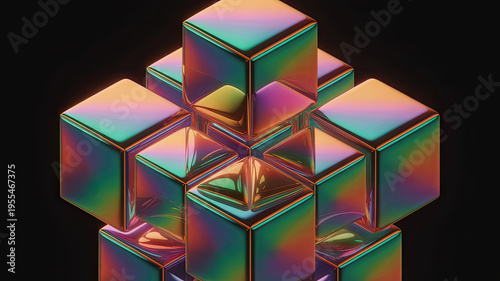 An artistic and colorful arrangement of iridescent cubes, showcasing a vibrant and geometric design
