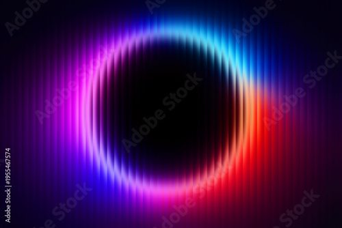 Ripple glass gradient texture, elongated vertical ribs in soft pastel haze, neon circular gradient ring. Minimal luminous surface, delicate reflective detail, 3d illustration.