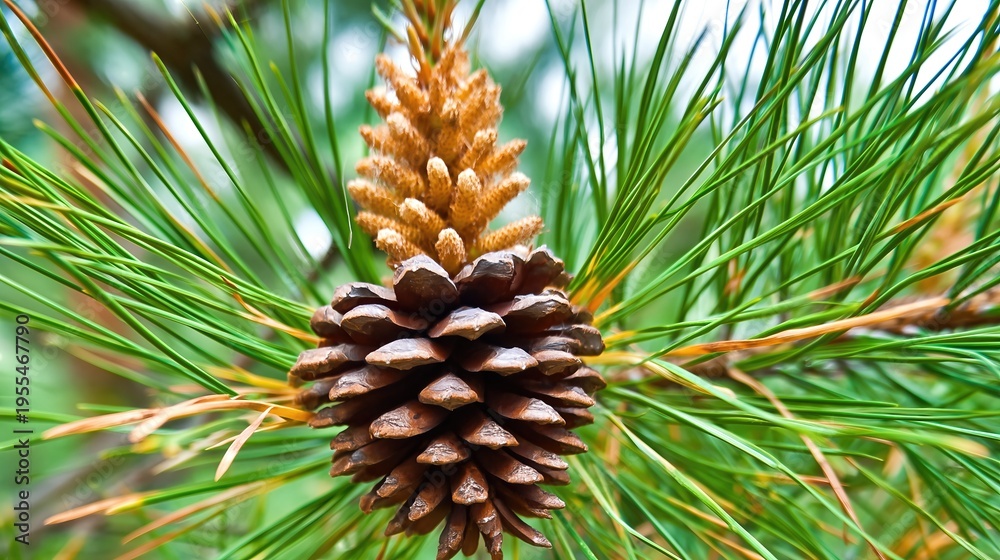 Fototapeta premium Pine Nuts Resting on Tree Branches in the Forest With Empty Space for Text