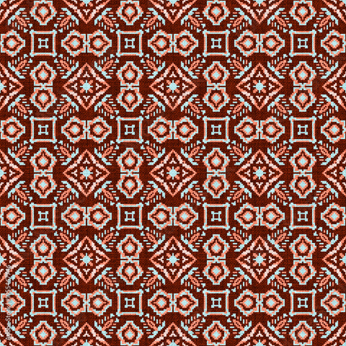 Rust Brown Ethnic Geometric Seamless Pattern with Turquoise Motif, Tribal Pixel Textile Style Ornament Background for Fabric Print, Wallpaper, Wrapping Paper and Surface Design