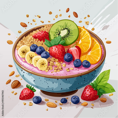 Vibrant and Refreshing Breakfast Smoothie Bowl Filled with Fresh Berries, Sliced Kiwi, Banana, and Orange, Topped with Crunchy Granola and Nuts for a Wholesome Start
